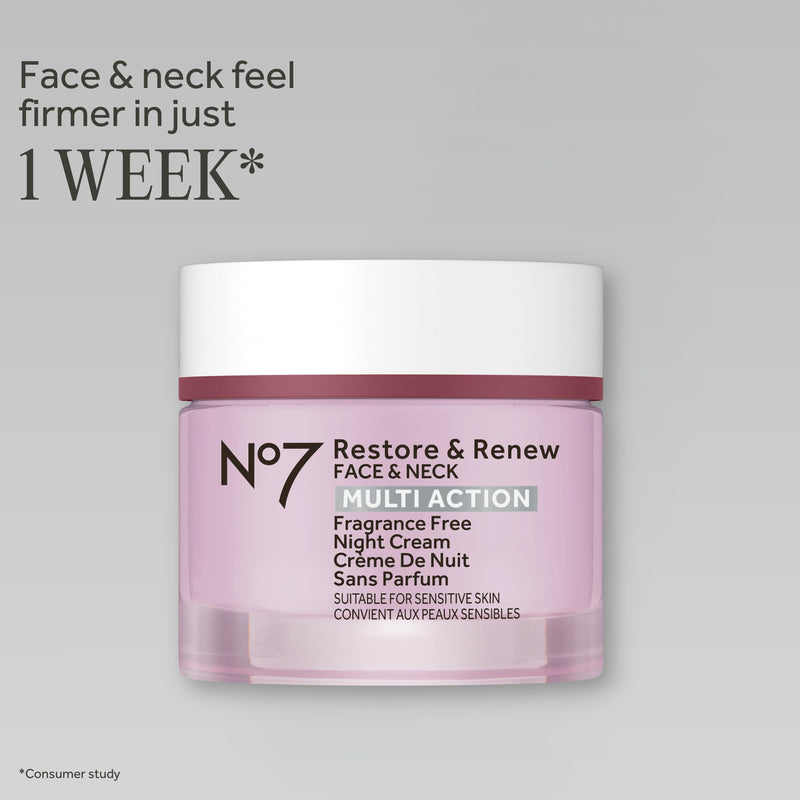 No7 Restore & Renew Multi Action Face & Neck Night Cream - Collagen Peptide Anti Aging Face Cream - Hydrating Hyaluronic Acid + Skin Firming Fragrance Free (50ml)