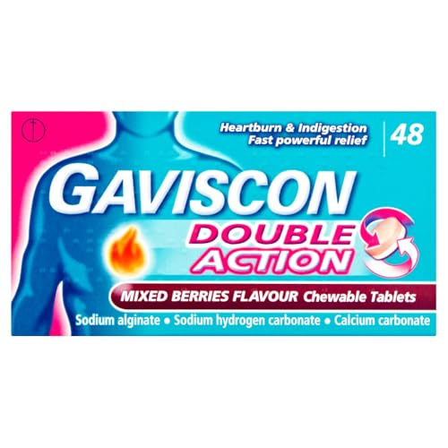 Gaviscon Double Action, Chewable tablets, Mixed Berries, 48 tablets - Heartburn & Indigestion, Fast powerful relief, Convenient on the go tablets, Antacids for Effective Digestion, Acid Reflux Relief