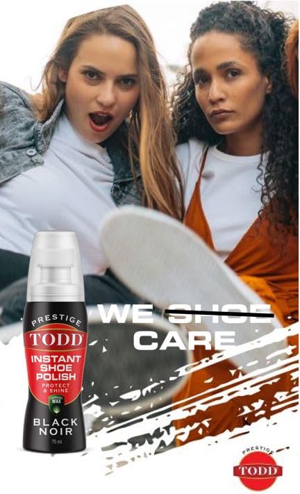 TODD Prestige Liquid Shoe Polish Black with Carnauba Wax | Instant Shine and Protect for Shoes, Boots, Bags | 75ml Bottle with Sponge