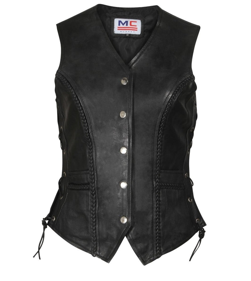 Ladies Real Leather Side Lace Motorcycle Biker Waistcoat Vest Gilet