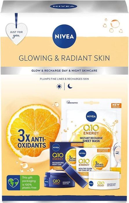 NIVEA Glowing & Radiant Gift Set (3 Pieces), NIVEA Gift Set Includes 100% Skin Identical Q10 Enriched Day Cream, Night Cream, and Face Sheet Mask, Gifts for Women
