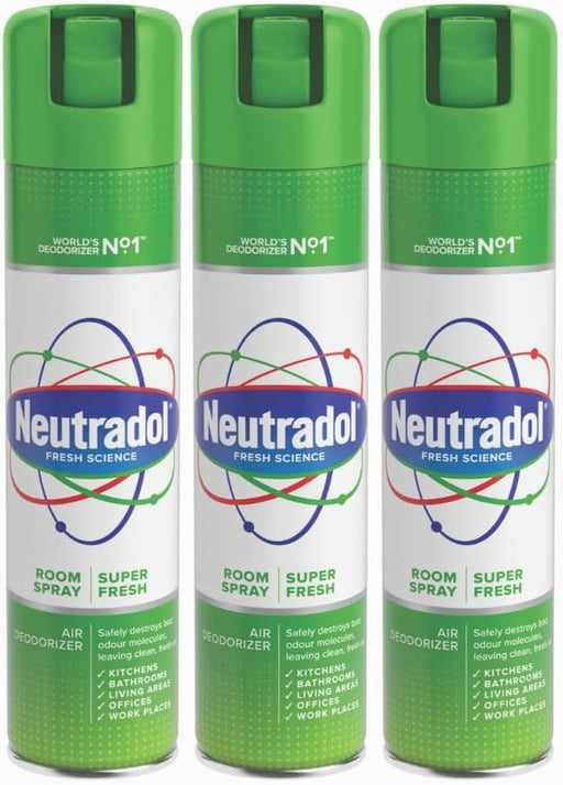 Neutradol Room Spray, Fast Acting Aerosol, Air Freshener for Home & Office, Odour Eliminator, Super Fresh, Multipack of 3 x 300ml