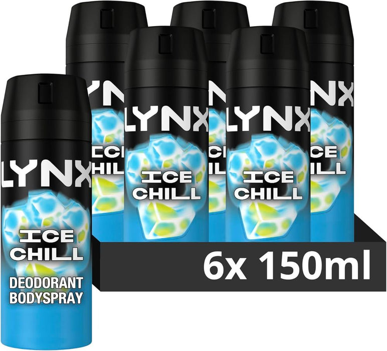 Lynx Men Ice Chill Deodorant Body Spray Antiperspirant with ProScent technology and an iced mint & lemon scent for 72 hours protection against odour and wetness 150 ml, Pack of 6