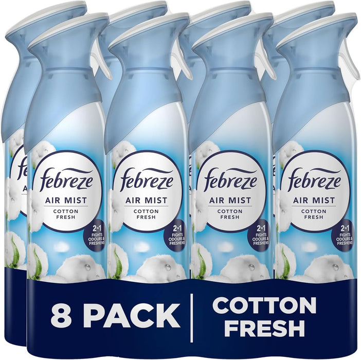Febreze Air Freshener for Room Spray & Bathroom, Cotton Fresh, 185ML x 8 Packs, Air Fresheners for Home