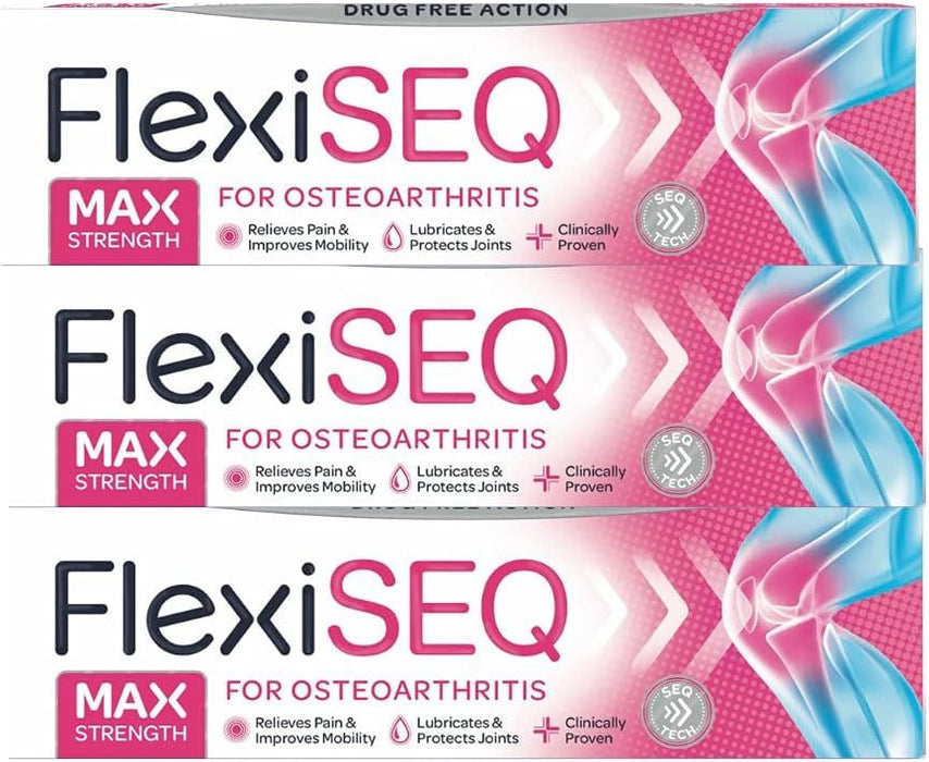 FlexiSEQ Max Strength 50g Gel | 3 Pack | Topical Gel for Osteoarthritis | Drug Free | for All Synovial Joints Including Knees, Hands, Hips and Shoulders