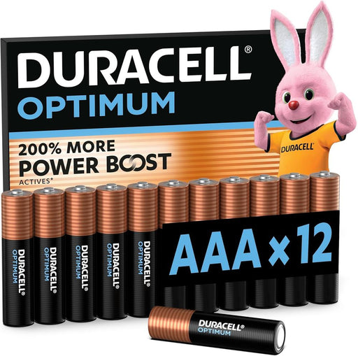 DURACELL Optimum AAA Batteries (12 Pack) â€“ Alkaline Batteries 1.5V â€“ 200% More Power Boost Actives â€“ Meets Demands Of Modern Devices â€“ 100% Recyclable, 0% Plastic Packaging â€“ MX1500