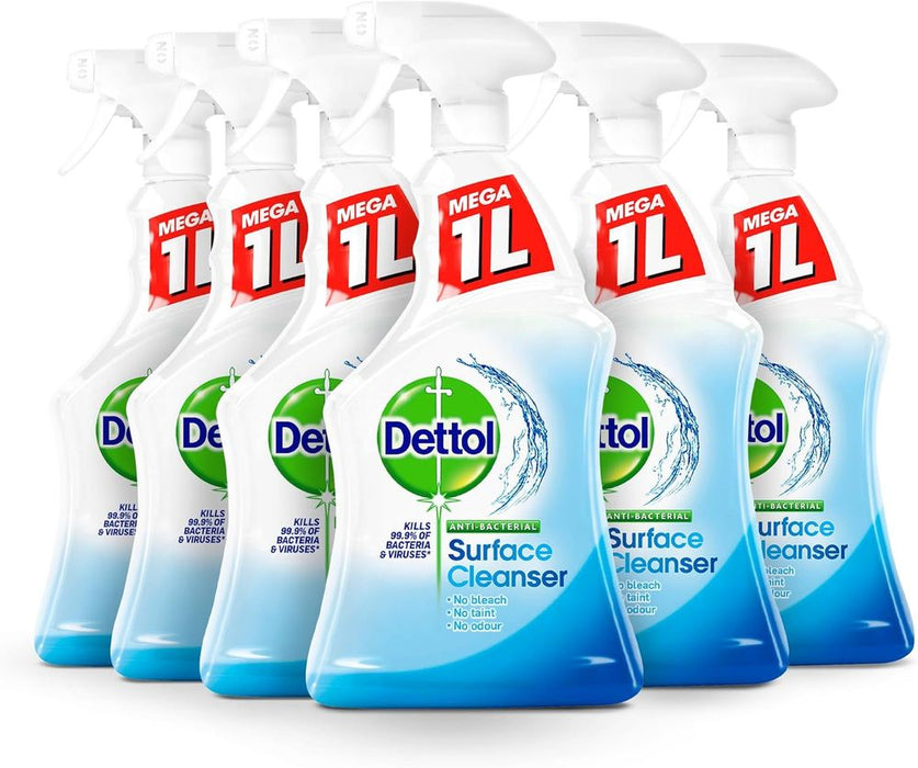 Dettol Antibacterial Surface Cleaners, Fragrance Free, 1.0L (6 x 1L, Total 6.0L), Germ Protection, Disinfectant Spray for Household, Kills 99.9 Percent of Germs