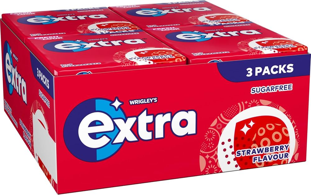 Extra Sugar-free Chewing Gum, Refreshing Strawberry Flavour, Freshens Breath, With Xylitol, Helps with Oral Hygiene for Healthy Teeth & Gums 20 x (3 x 9pieces)