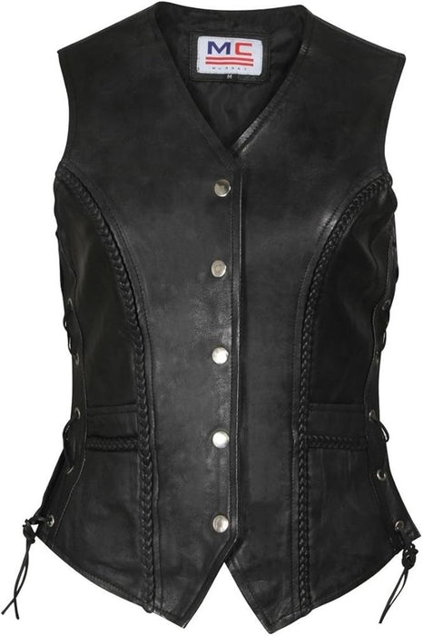 Ladies Real Leather Side Lace Motorcycle Biker Waistcoat Vest Gilet (Small/ UK8) Black