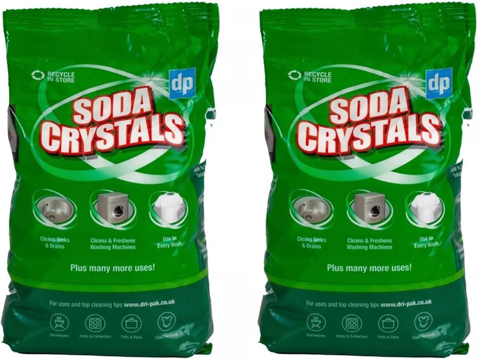 Dri Pak Soda Crystals 1kg â€“ Natural Multi-Purpose Household Cleaner, Laundry Booster & Degreaser â€“ Eco-Friendly Water Softener, Odour Neutraliser, Sink & Drain Unblocker Green - 2 Pack