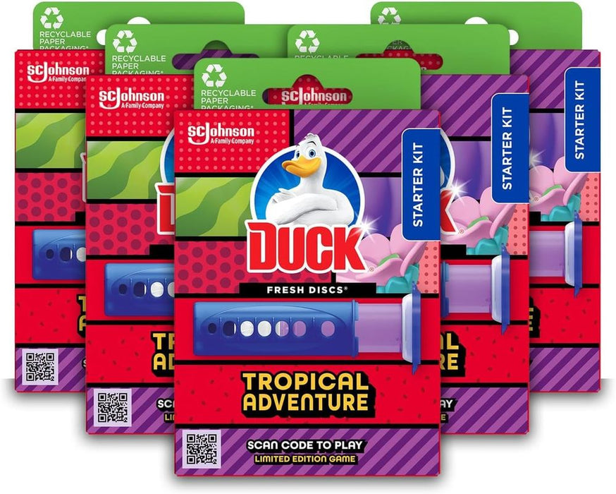 Duck Fresh Discs Toilet Cleaner Starter Kit, Fights Stains That Harbour Germs, Prevents Limescale Build Up, Tropical Adventure, Pack of 5 (Each Kit contains 1 Holder + 1 Refill Tube)