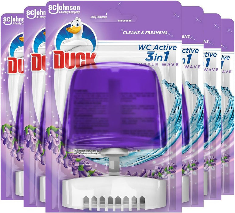 Duck Liquid Toilet Rim Block Holder and Refill Starter Kit, 3-in-1 Toilet Bowl Cleaner, Purple Wave, Pack of 6 (Each Kit Contains 1 x Holder + 1 x 55ml Refill)