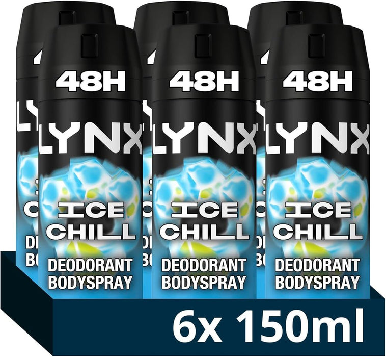 Lynx Men Ice Chill Deodorant Body Spray for 48 hours of odour-busting, high definition fragrance, with an iced mint & lemon scent 150 ml, Pack of 6