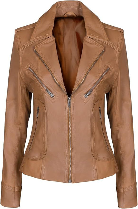 Mc Murray Ladies Real Leather Tan Biker Fashion Jacket UK Size 8-18 (UK-8, Tan)
