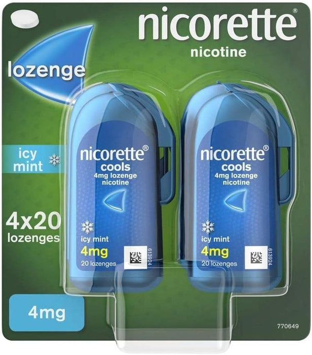 Nicorette Cools 4mg Lozenge (4 x 20 Lozenges), Effective and Discreet Quit Smoking Aid, Nicotine Lozenges with Dual-Layer Icy Mint Flavour Release, Starts to fight cravings in 2 minutes