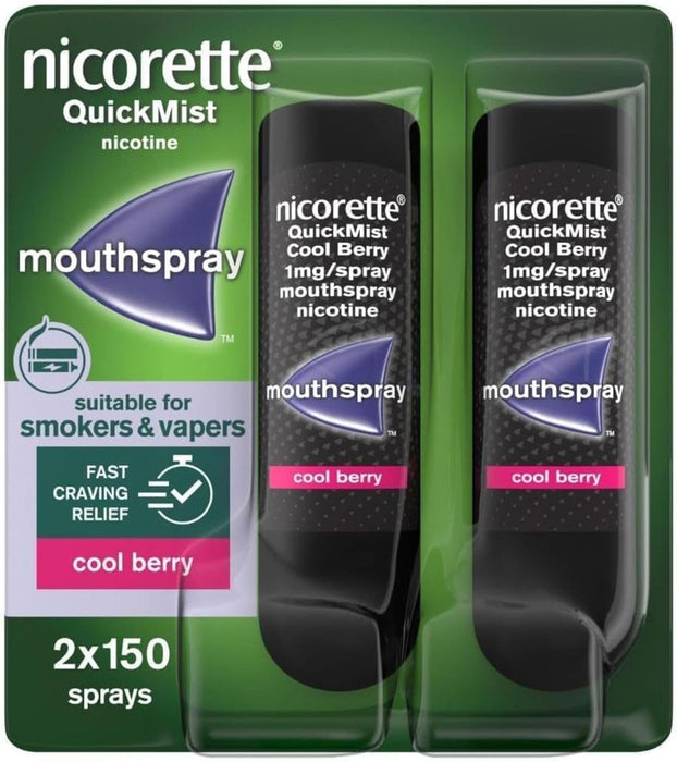 Nicorette QuickMist Mouthspray, Cool Berry (2 x 150 Sprays) Smoking or Vaping Cessation Aid, designed to start reducing cravings in 30 seconds (Quit Smoking or Quit Vaping Aid)
