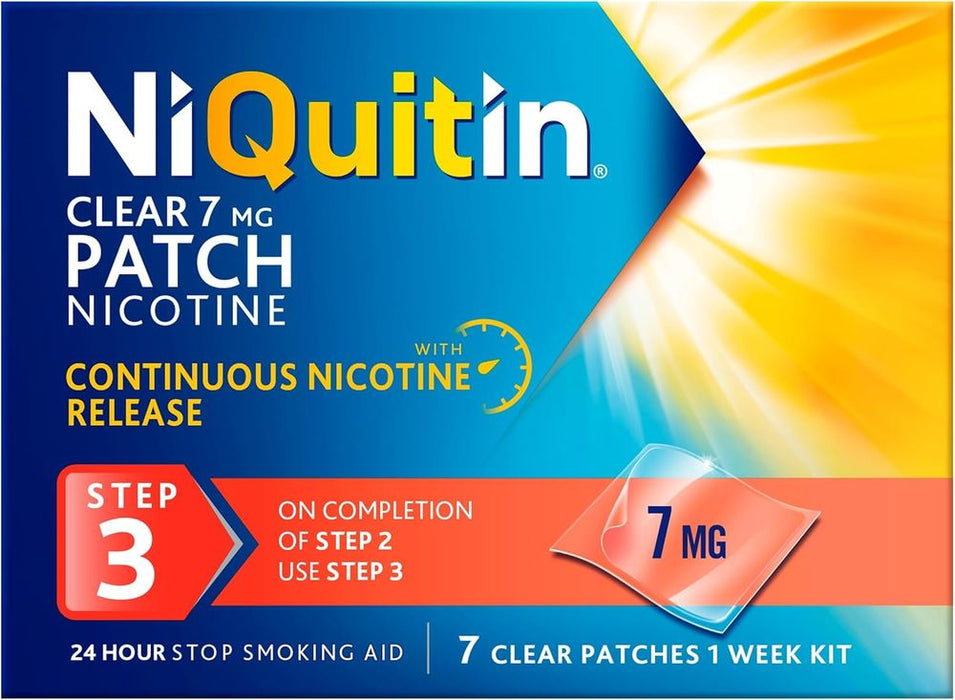 NiQuitin 7mg Nicotine Patches (Step 3-7 Clear Patches) - 24 Hour Craving Control - 1 Week Treatment Patches to Quit Or Reduce - Discreet Transparent Stop Smoking & Vaping Aids