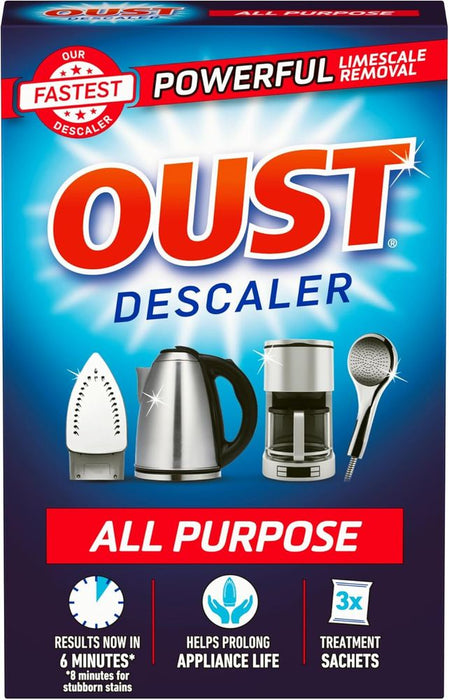 Oust Powerful All Purpose Descaler, New Formula, Limescale Remover â€“ Ideal for Kettles, Coffee Machines, Irons and Shower Heads, 3 Sachets