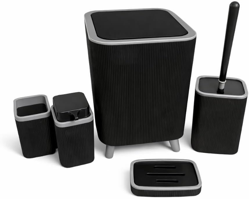 Premium Quality 5-Piece Modern Bathroom Accessories Set, Includes Waste Bin, Toilet Brush with Holder, Toothbrush Holder, Soap Dispenser, Soap Dish (Black)