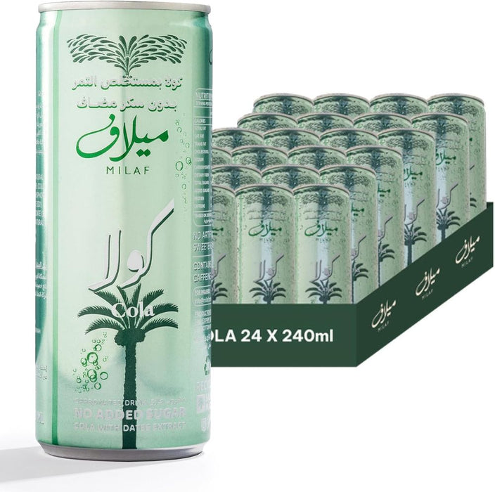 Milaf Cola Sparkling Soft Drinks Date Extract Carbonated Beverage Fizzy Drinks No Added Sugar Cola High Fibre No Aspartame Delicious & Healthy Alternative 240ml Cans (Pack of 24)