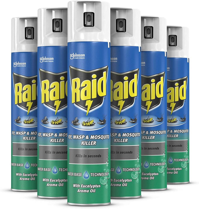 Raid Fly, Wasp & Mosquito Killer with Eucalyptus Aroma Oil, Fly Killer Spray For Indoor Use, Pack of 6 (6 x 300ml)