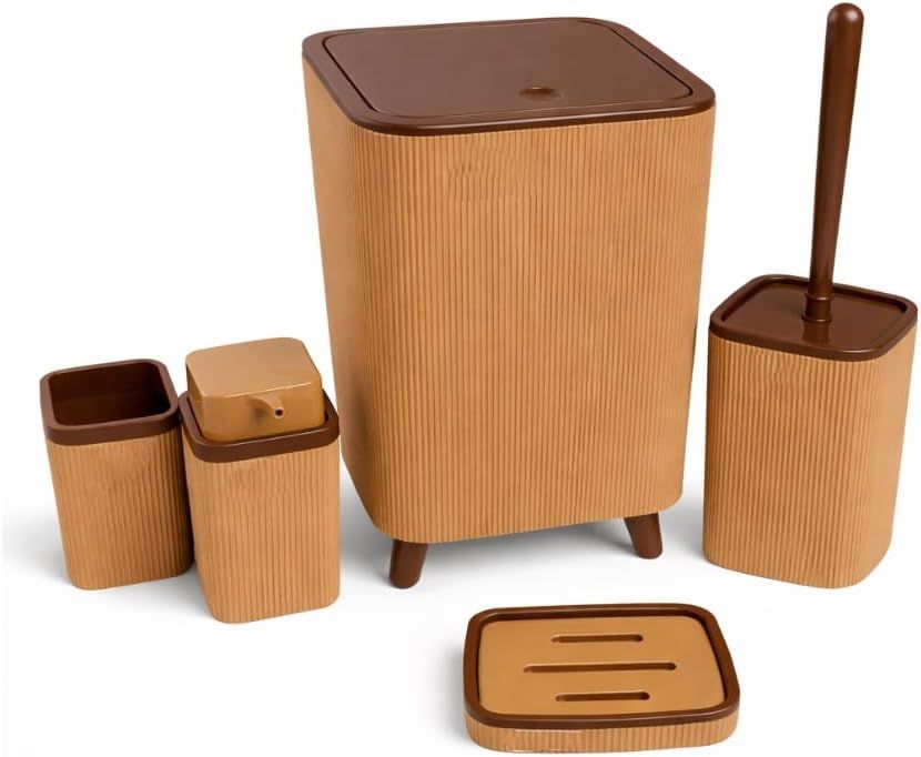 Premium Quality 5-Piece Modern Bathroom Accessories Set, Includes Waste Bin, Toilet Brush with Holder, Toothbrush Holder, Soap Dispenser, Soap Dish (Brown)