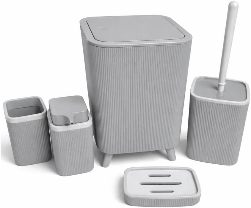 Premium Quality 5-Piece Modern Bathroom Accessories Set, Includes Waste Bin, Toilet Brush with Holder, Toothbrush Holder, Soap Dispenser, Soap Dish (Grey)