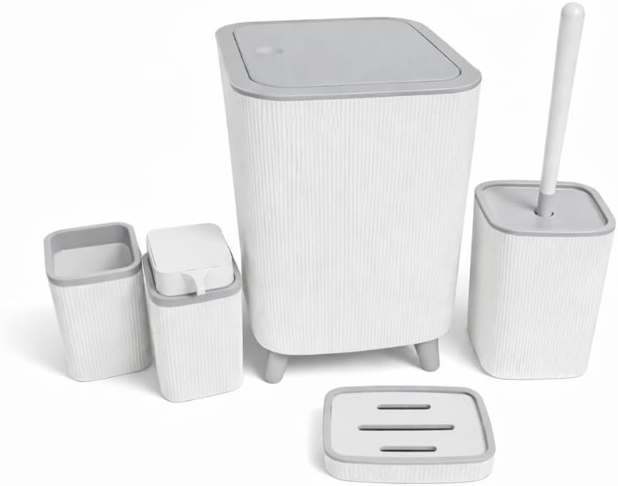 Premium Quality 5-Piece Modern Bathroom Accessories Set, Includes Waste Bin, Toilet Brush with Holder, Toothbrush Holder, Soap Dispenser, Soap Dish (White)