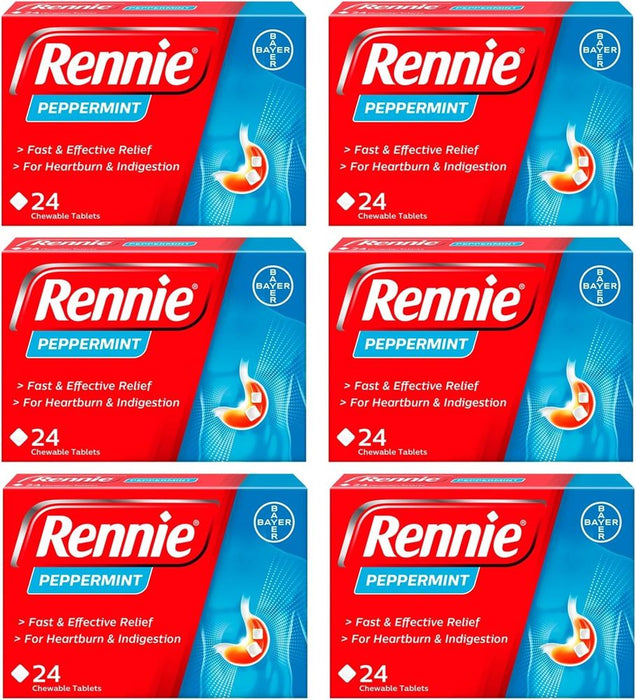 Rennie Peppermint - Antacids, Heartburn Relief and Indigestion Tablets, Fast and Effective Relief for Acid Reflux - 144 Tablets (6 Pack of 24 Tablets)