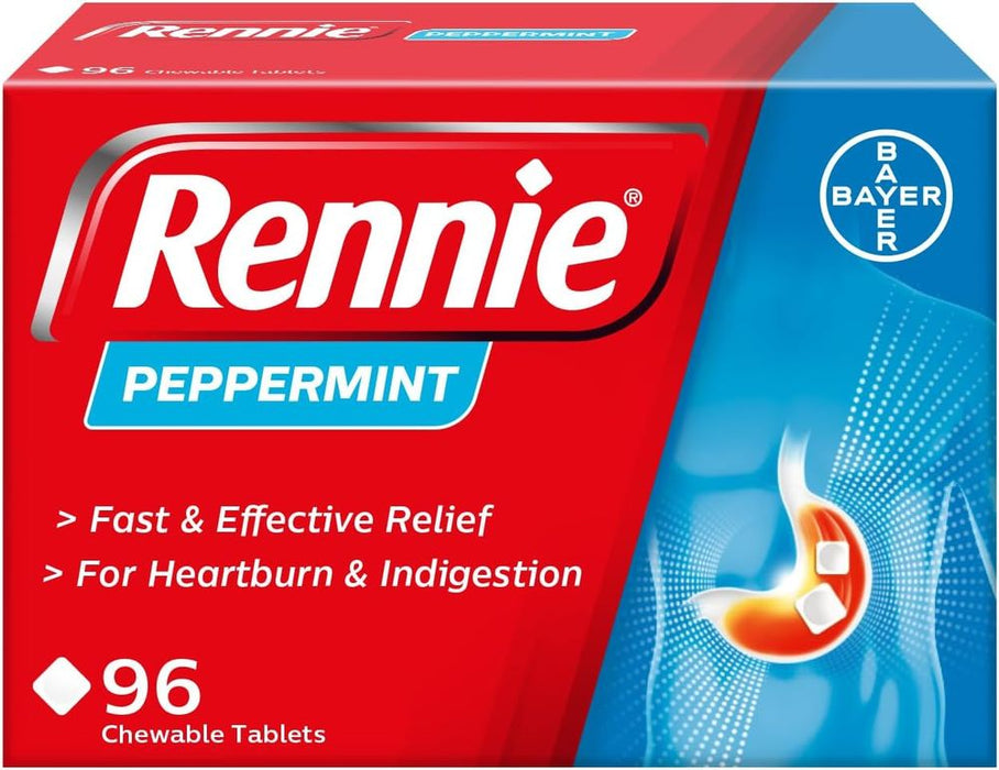 Rennie Peppermint Flavour Antacid, Heartburn and Indigestion Chewable Tablets, 1 Pack of 96 Tablets - Gets to Work in 60 Seconds for Fast and Effective Heartburn Relief