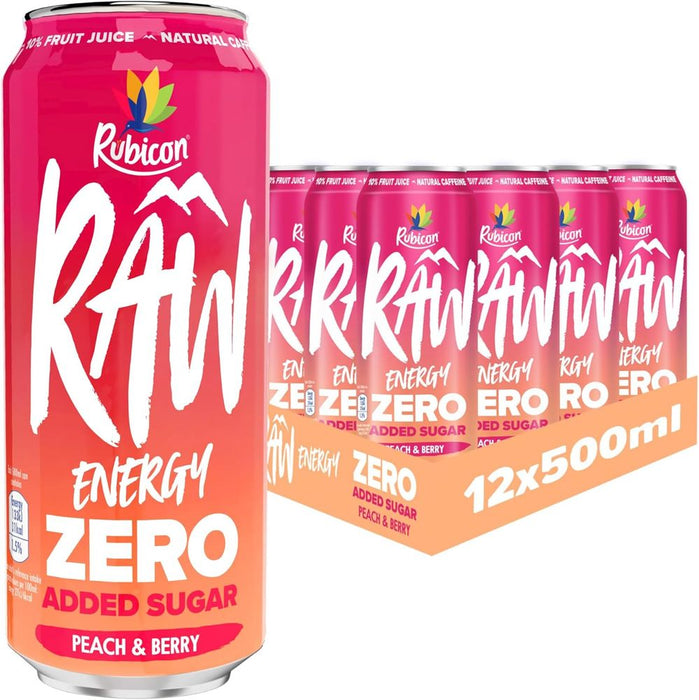 Rubicon RAW 12 Pack Peach & Berry 500ml Energy Drink Zero Added Sugar + 10% Fruit Juice, High Caffeine with B-Vitamins, Ginseng & Guarana, Reduce Tiredness & Boost Energy