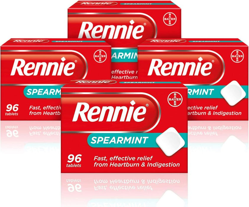 Rennie Antacids, Spearmint Flavour Heartburn Relief and Indigestion Tablets, Fast and Effective Relief for Acid Reflux, 4 Packs of 96 Tablets