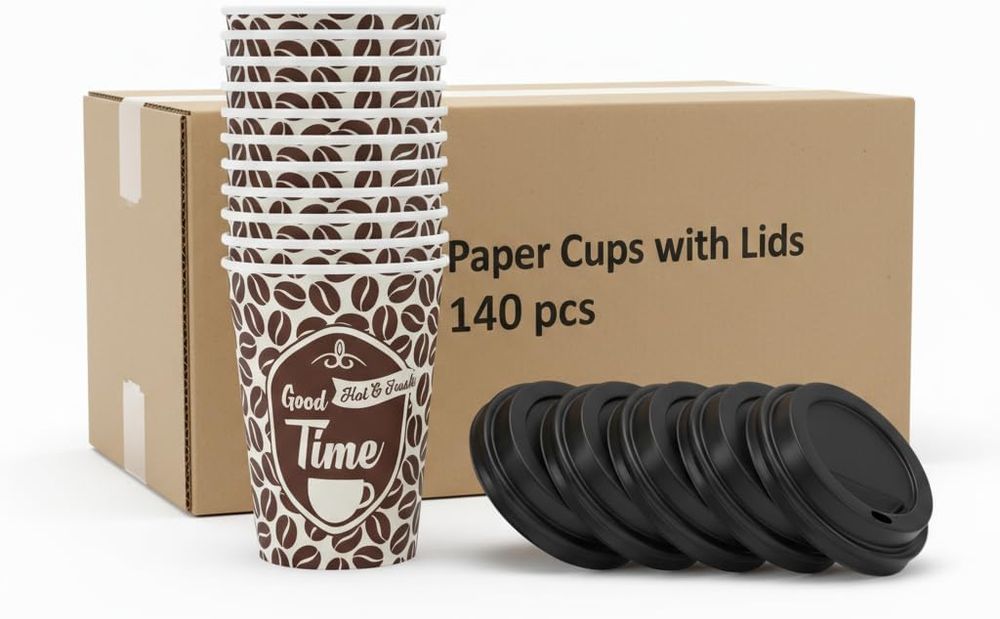 Big Brands Direct 140 Pcs Premium Paper Cups with lids for Hot and Cold Drinks, 8oz 236ml (140 Cups with lid)