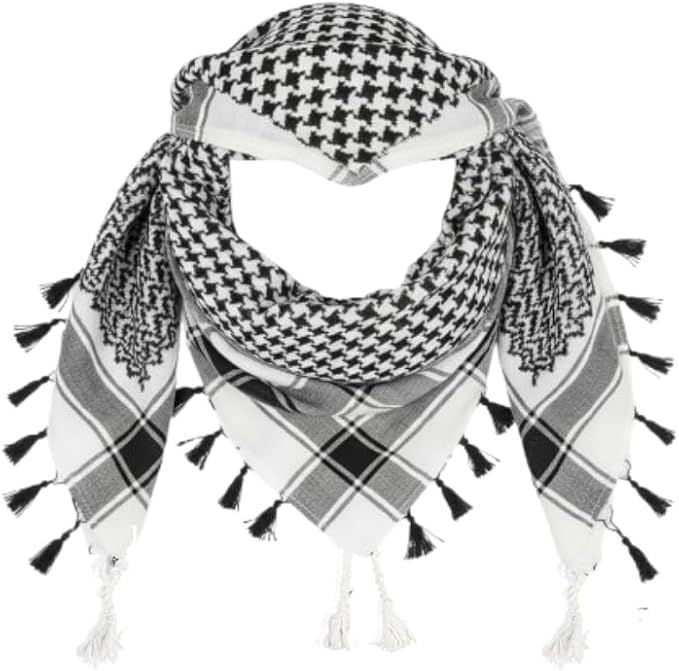 Big Brands Direct Premium Cotton Shemagh Keffiyeh Tactical Scarf, Military Desert Arab Style Head Wrap, Unisex Traditional Kufiya, Multi-Use Accessory (black&white(Black Tassels))