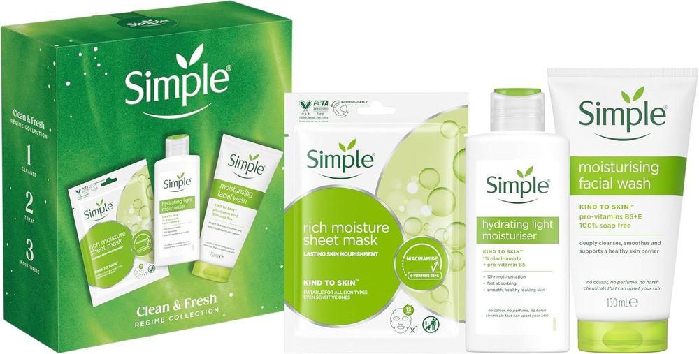 Simple Gift Set Simple Clean & Fresh Regime Collection with a facial wash, a sheet mask, and a moisturiser perfect for any occasion 3 piece