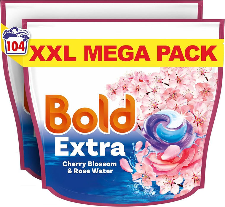Bold EXTRA PODSÂ® Washing Liquid Laundry Detergent Capsules 104 Washes (52 x 2), Cherry Blossom & Rose Water, Extra Stain And Odour Removal, With Built-In Lenor Softener