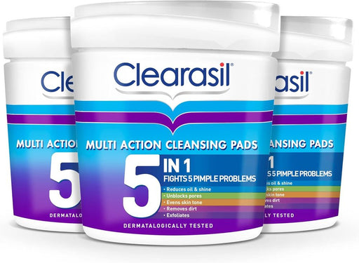 Clearasil 5-In-1 Multi-Action Cleansing Salicylic Acid Pads, Face Exfoliating For Acne Prone Skin, Unblock Pores, Reduces Blackheads, Pimples & Excess Oil, Everyday Spot Prevention, 65 Each x 3