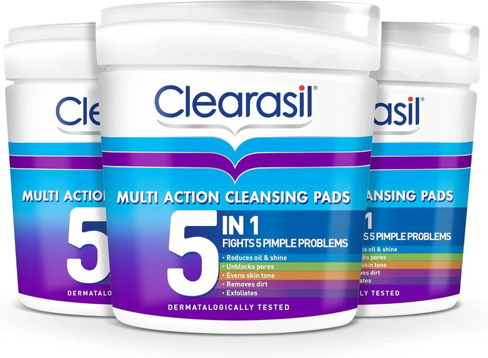 Clearasil 5-In-1 Multi-Action Cleansing Salicylic Acid Pads, Face Exfoliating For Acne Prone Skin, Unblock Pores, Reduces Blackheads, Pimples & Excess Oil, Everyday Spot Prevention, 65 Each x 3