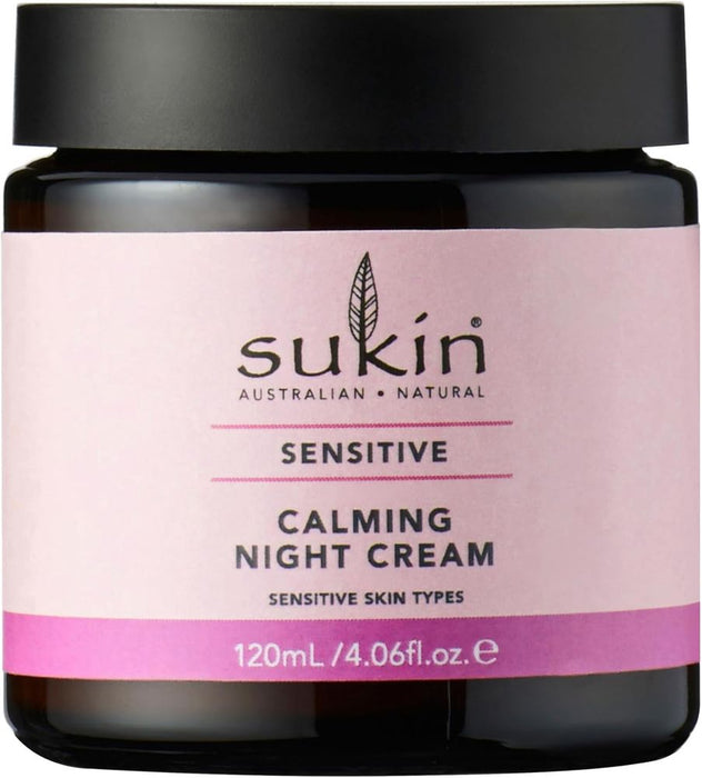 Sukin Sensitive Calming Night Cream 120ml - with Rosehip & Evening Primrose; vegan friendly - improves texture while you sleep, soothes & helps relieve redness, boost moisture levels for dry skin.