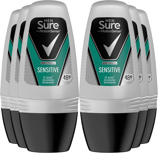 Sure Men Motion Sense Antiperspirant Deodorant Sensitive Dry Roll-On that keeps up to 48 hours of protection from sweat and body odour helps keep you fresh on the move, 50 ml Bulk Buy 6 Pack