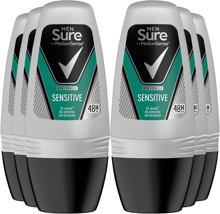 Sure Men Motion Sense Antiperspirant Deodorant Sensitive Dry Roll-On that keeps up to 48 hours of protection from sweat and body odour helps keep you fresh on the move, 50 ml Bulk Buy 6 Pack