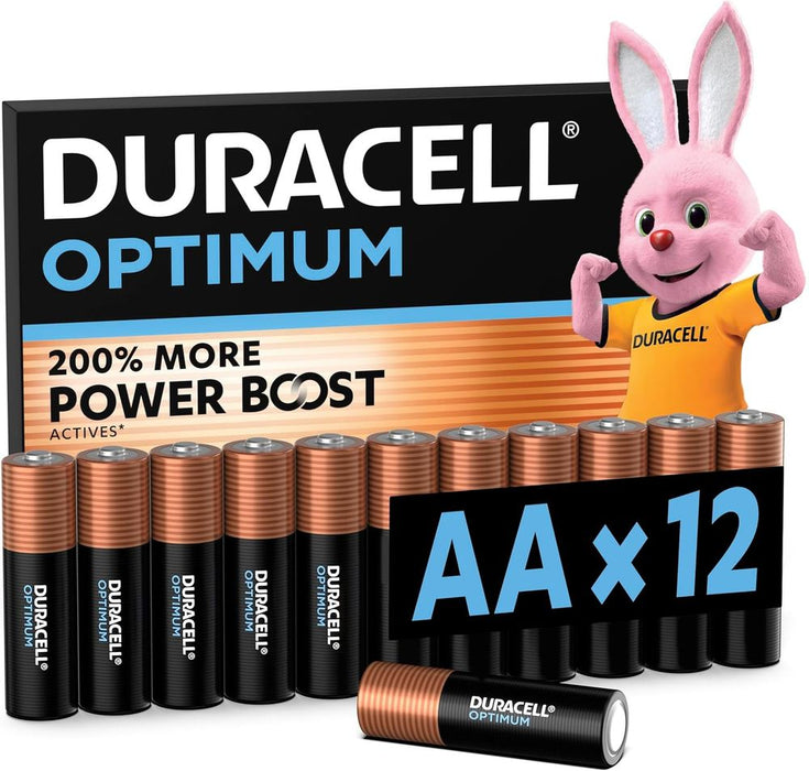 DURACELL Optimum AA Batteries (12 Pack) â€“ Alkaline Batteries 1.5V â€“ 200% More Power Boost Actives â€“ Meets Demands Of Modern Devices â€“ 100% Recyclable, 0% Plastic Packaging â€“ MX1500