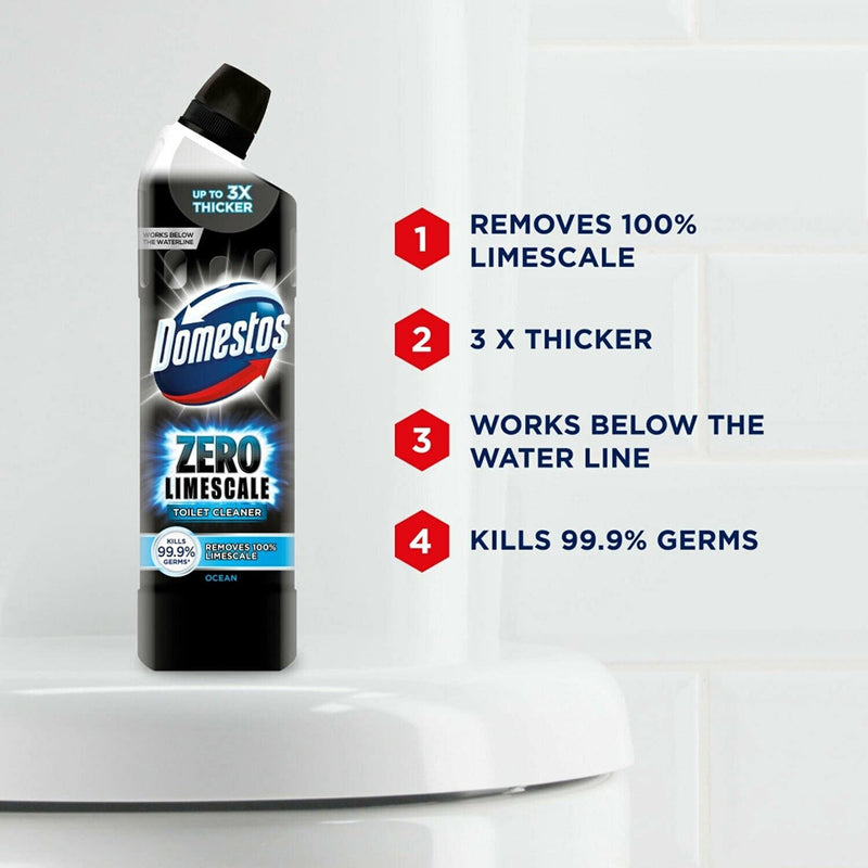 Domestos Zero Limescale Ocean Antibact Toilet Gel, 6 Packs of 750ml, Removes Dirt and Gives Zero LimeScale! Grab it Now to Keep Your Toilet Clean and Fresh!
