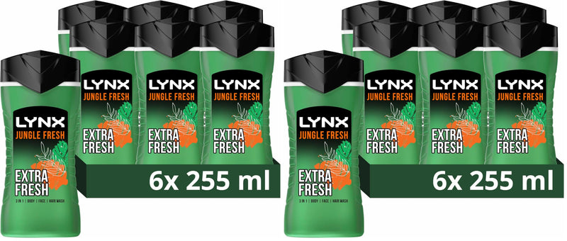 Lynx Jungle Fresh 3-in-1 Body Wash Hair, Face and Body Cleanser shower gel with a palm leaf & amber scent for an all day fresh & clean feel 6x 225 ml