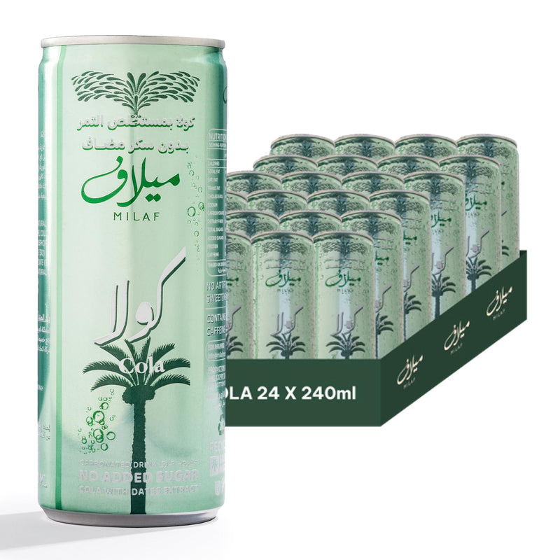 Milaf Cola Sparkling Soft Drinks Date Extract Carbonated Beverage Fizzy Drinks No Added Sugar Cola High Fibre No Aspartame Delicious & Healthy Alternative 240ml Cans (Pack of 24)
