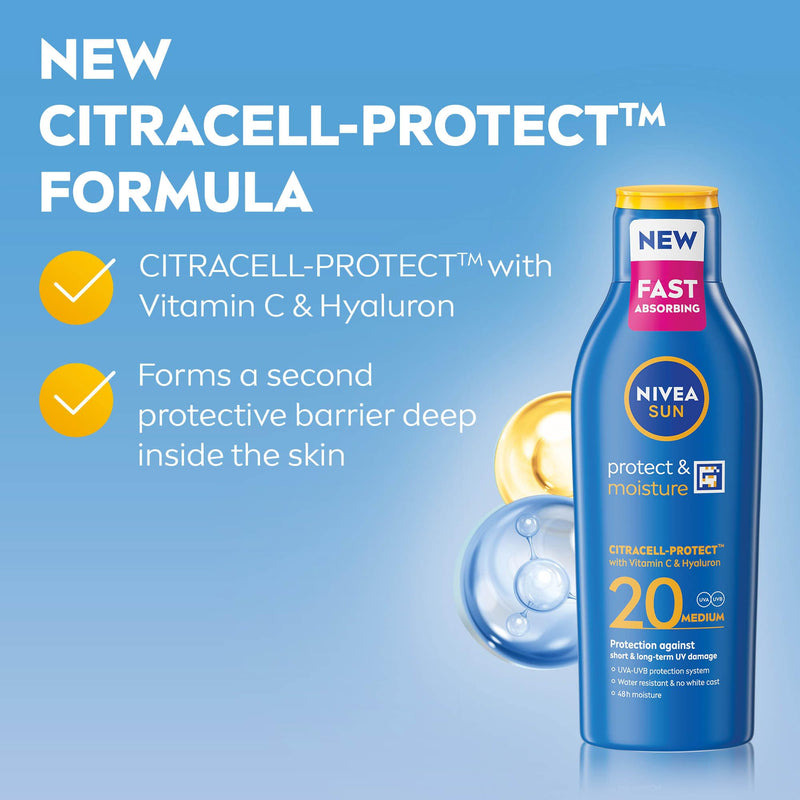 NIVEA SUN Protect & Moisture Sun Lotion SPF 20 Suncream with Vitamin E Provides 48 Hour Moisture and Immediate UVA & UVB Protection
