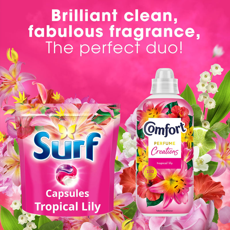 Surf 3 in 1 Tropical Lily Laundry Washing Detergent Capsules joy-infused fragrance with natural essential oils lasting up to 12 hours in wear for brilliantly clean results 51 washes