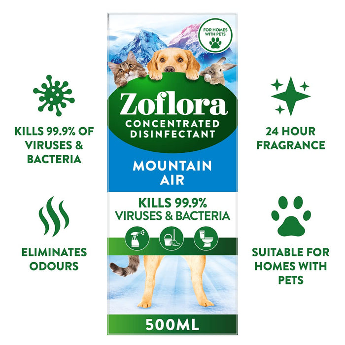 Zoflora Mountain Air Concentrated Multipurpose Disinfectant Liquid, Antibacterial & Multi-Surface, Pet Safe Disinfectant, Kills 99.9% Of Bacteria & Viruses, 1 X 500 ml
