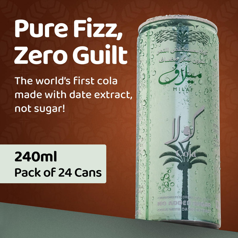 Milaf Cola Sparkling Soft Drinks Date Extract Carbonated Beverage Fizzy Drinks No Added Sugar Cola High Fibre No Aspartame Delicious & Healthy Alternative 240ml Cans (Pack of 24)