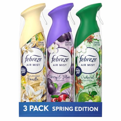 Febreze Air Freshener SUN KISSED VANILLA, CHERRY & PLUM, ORCHARD PARADISE - SPRING EDITION Spray 185ml x 3 | Odour Eliminator with OdourClear Technology | Long-Lasting Room Freshener